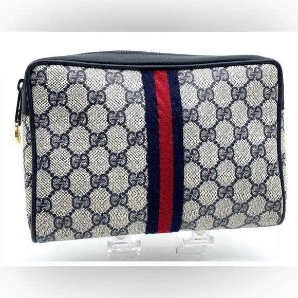 Auth Gucci GG  Supreme  Sherry Line  Navy Blue Zipper Clutch Bag BEAUTIFUL - Picture 15 of 16